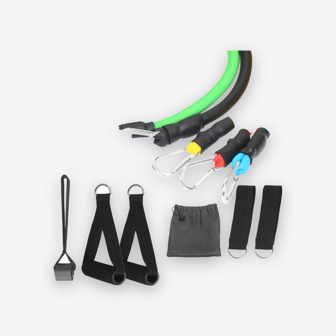 Compact home fitness equipment laid out on a living room floor