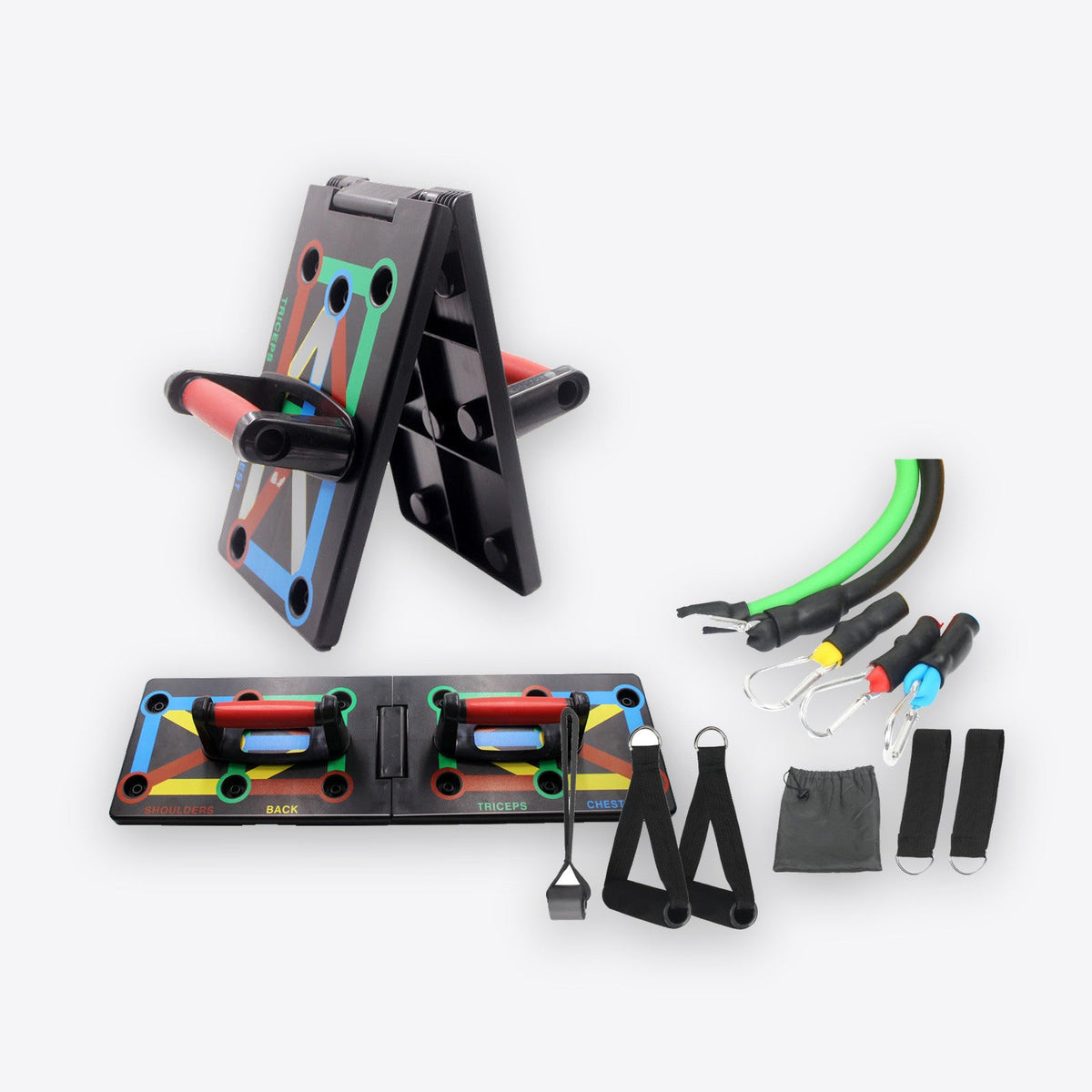 Push-up board and resistance bands set on a light grey background