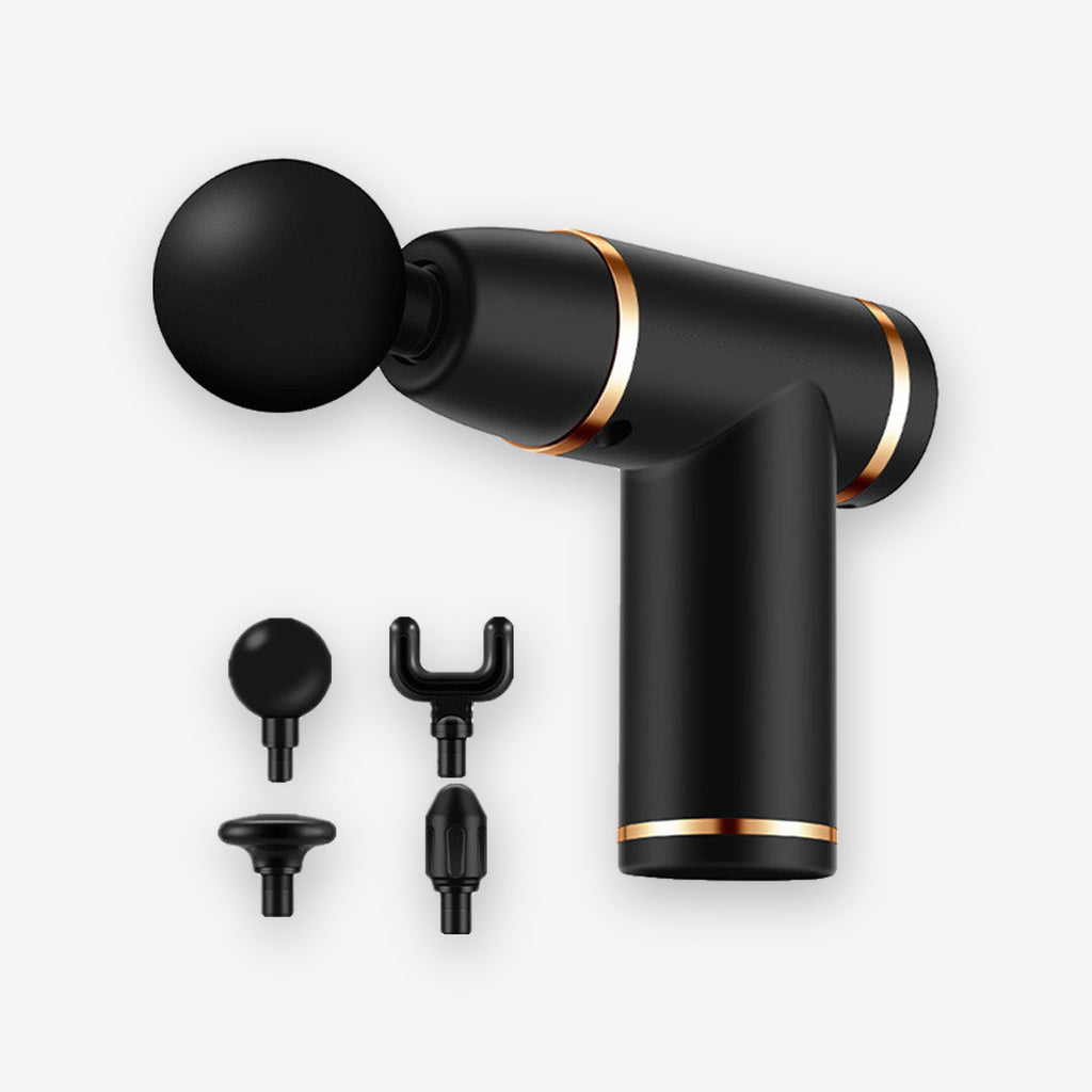 Black mini massage gun with four interchangeable heads