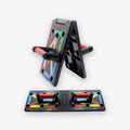Foldable push-up board with color-coded grip slots and two handles, unfolded