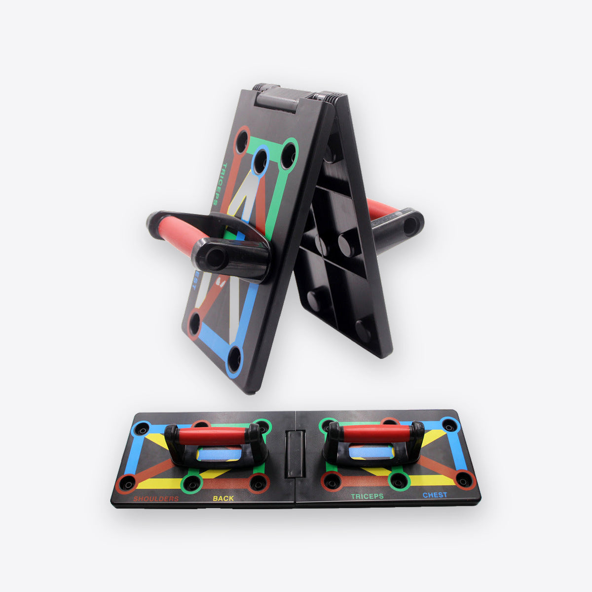Foldable push-up board with color-coded grip slots and two handles, unfolded