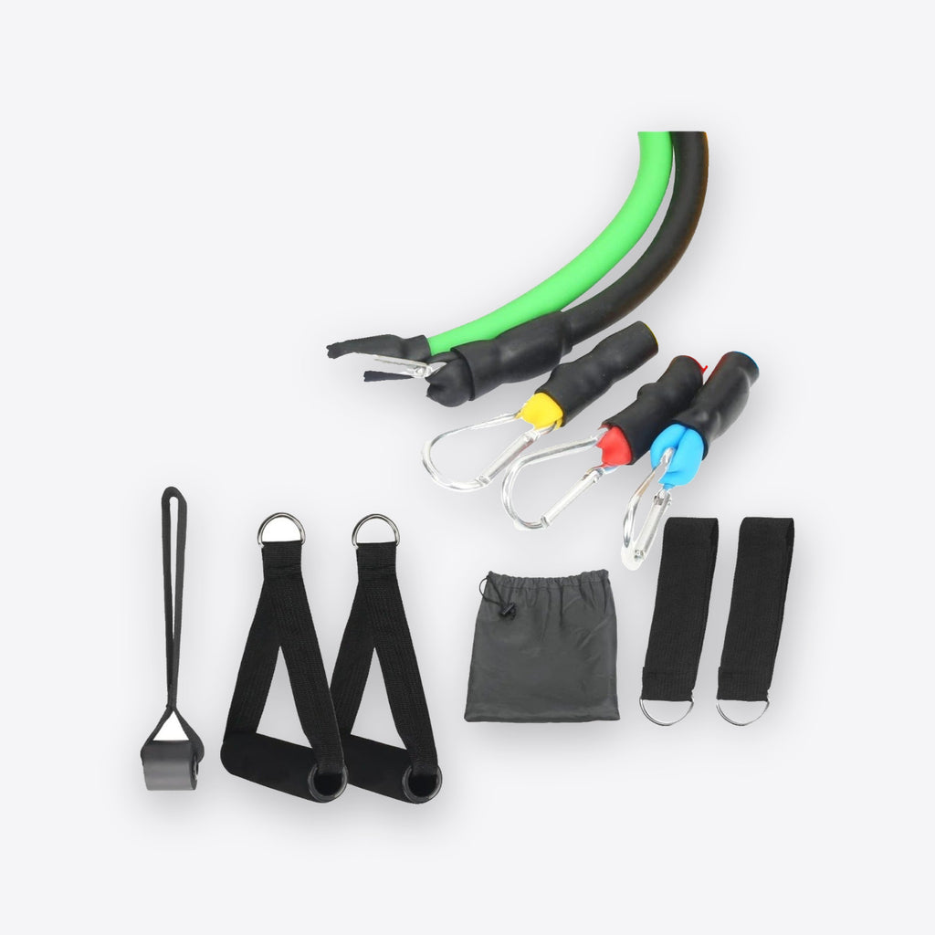 Resistance bands set with five colored tubes, handles, ankle straps, door anchor and bag