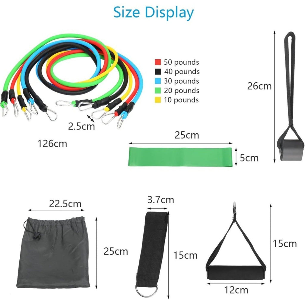 Resistance bands set size chart with band lengths and weights