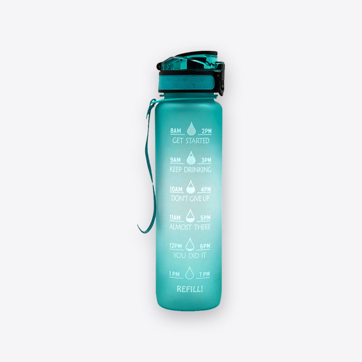 Teal 1 litre water bottle with hourly time markers