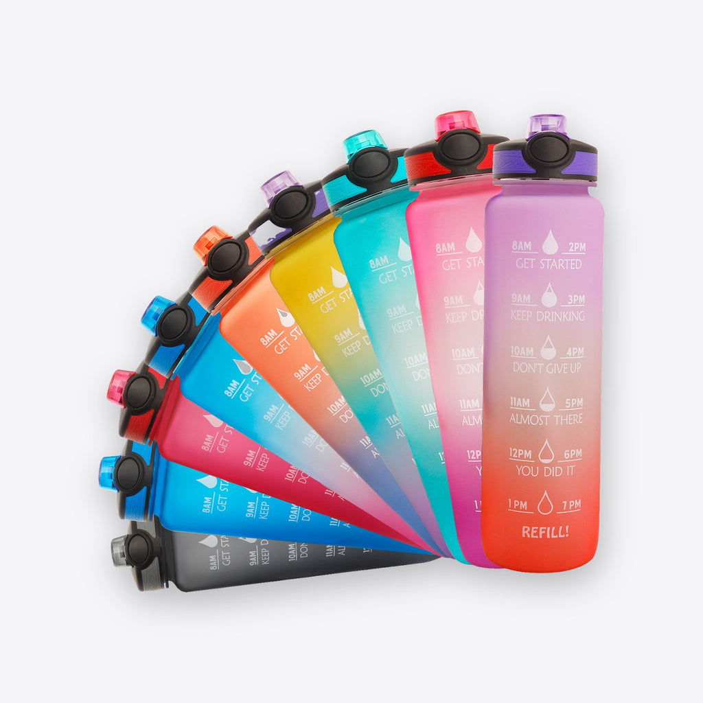 Motivational water bottles in a range of gradient colors