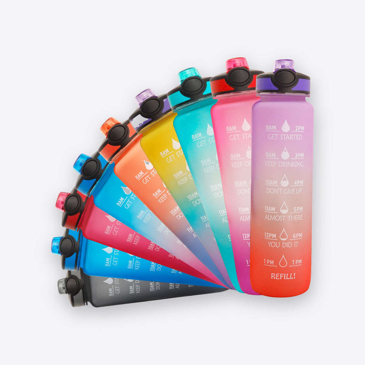 Motivational water bottles in a range of gradient colors